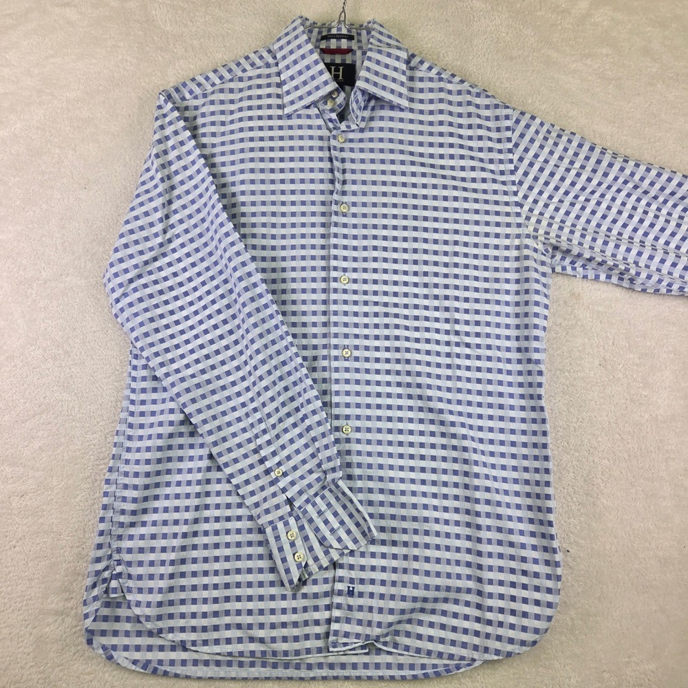 Hilfiger Mens Blue White Gingham Check 100s 2 Ply Cotton Button Down Shirt M